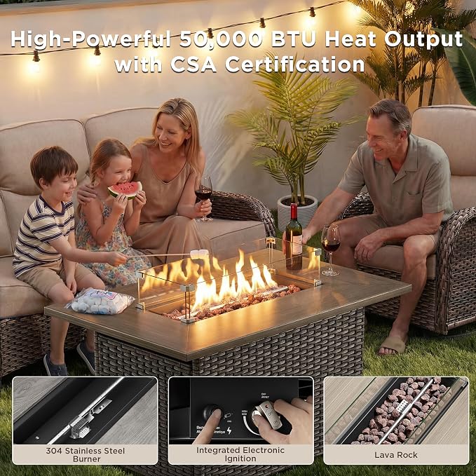 Luxury Patio Furniture Set with Fire Pit Table-6 Pieces All Weather Outdoor Swivel Rocker Chairs with Sofa and Ottomans. Outdoors Patio Conversation Sets for Porch Deck Garden Backyard(Brown/Beige)