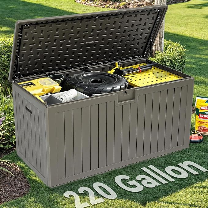 YITAHOME 220 Gallon Extra Large Deck Box, Double-Wall Resin Outdoor Storage Box with Flexible Divider for Patio Cushions Pool Supplies Garden Tools, 990 lbs Load Capacity, Lockable (Light Brown)