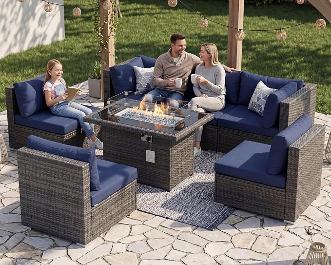 RADIATA 7 Piece Wicker Patio Furniture Set with Fire Pit, All-Weather Outdoor Sectional Couch High Back Large Size, Modular Backyard Seating Sofa Set with Propane/Natural Gas Firepit Table, Grey&Blue