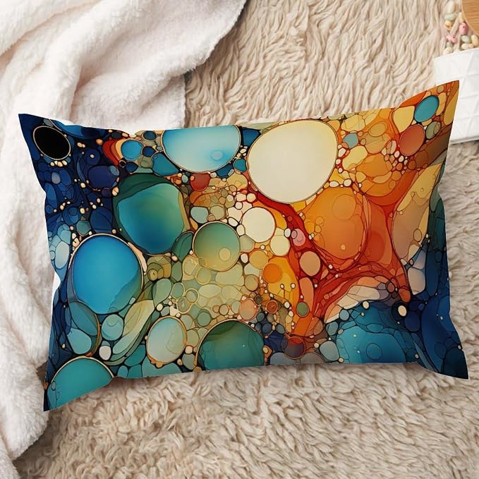 Ink Rainbow Shapes with Gold Rectangular Cushion Cover Abstract Alcohol Ink Textures Throw Pillow Cover Modern Outdoor Garden Decoration for for Farmhouse Sofa Couch Bed Car 12x20in