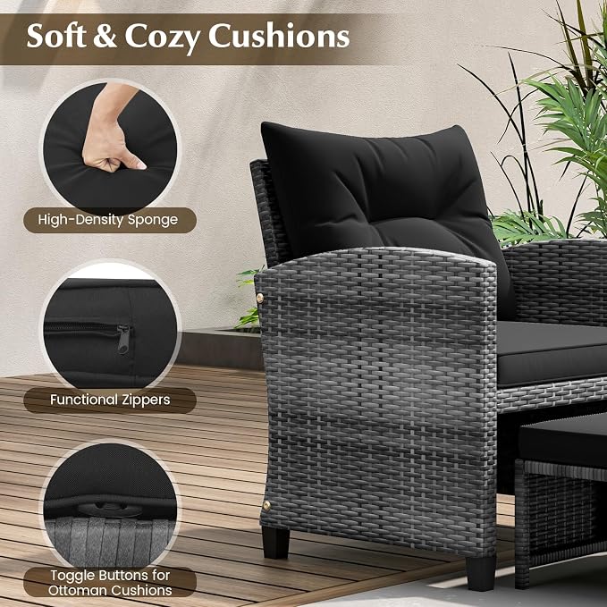 KOTEK 5 Pieces Patio Furniture Set with Ottomans, Wicker Patio Conversation Set with Coffee Table & Cushions, PE Rattan Outdoor Lounge Chairs for Backyard, Porch, Poolside (Mix Grey- Black)