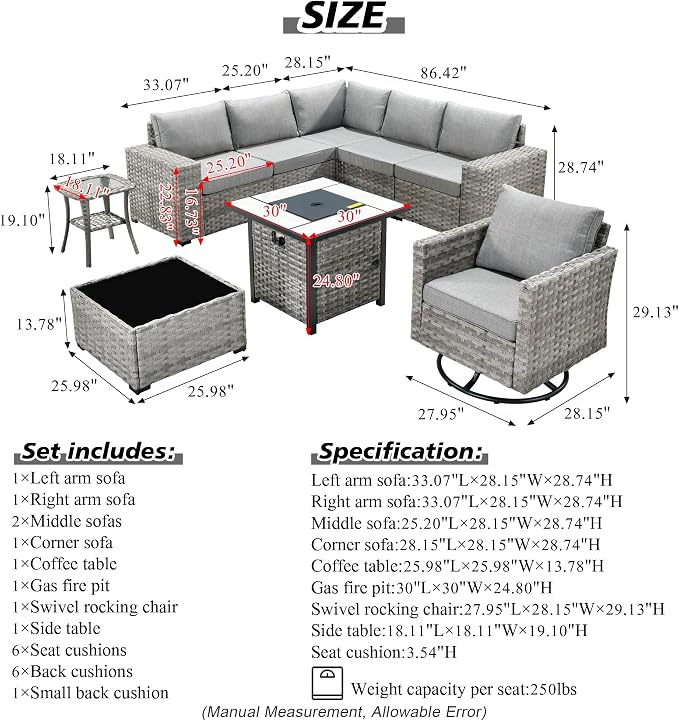 HOOOWOOO Outdoor Patio Sectional Furniture Sofa Set with Propane Gas Fire Pit Table,9 Piece Modern Wicker Couch with Swivel Chair,Modular L Shaped Conversation Seating Set with Wide Arm(Dark Grey)