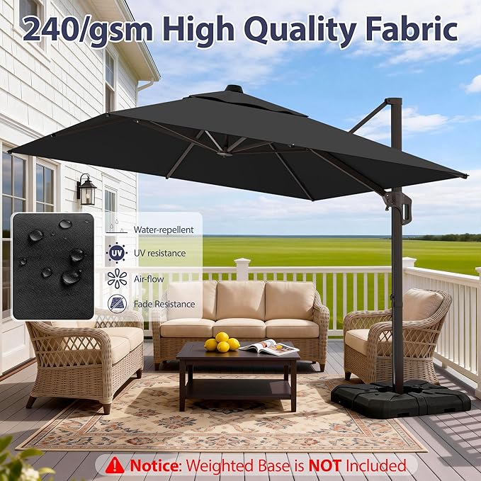 10' X 10' Patio Umbrella Cantilever Outdoor Rectangle Umbrella, Heavy Duty 360°Rotation Offset Umbrella for Garden Deck Pool Patio, Black