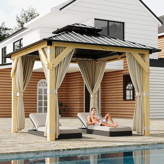 Garvee 10x10 Ft Wood Gazebo, Upgrade Spruce Frame and Double Galvanized Steel Roof, Hardtop Gazebo with Nettings and Curtains for Backyard, Patio, Garden and Lawn, Khaki