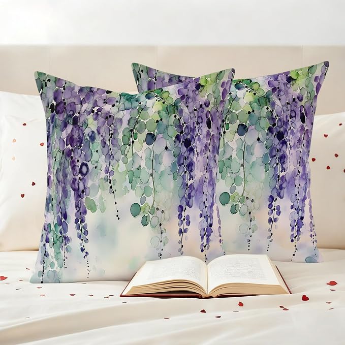 Purple Green Lavender Outdoor Pillow Covers Set of 2 Modern Abstract Romantic Watercolor Flower Leaf Waterproof Throw Pillow Cover Decorative Cushion Cases for Patio Porch Garden 20X20 Inch