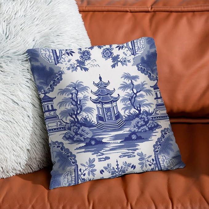 Pillow Cover Chinoiserie Blue Asian Pagoda Pillows Rustic Chinoiserie Chic Asian Pillow Cover Accent Farmhouse Decor Pillow for Patio Couch Sofa Office 26x26 in