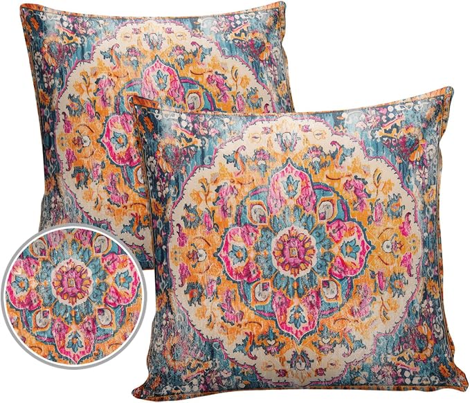Prime Leader Outdoor Waterproof Pillow Covers Set of 2, Geometric Abstract Carpet Flowers Pattern Pink Patio Throw Pillow Covers, Decorative Cushion Case for Couch Sofa Furniture Garden, 16x16 Inch