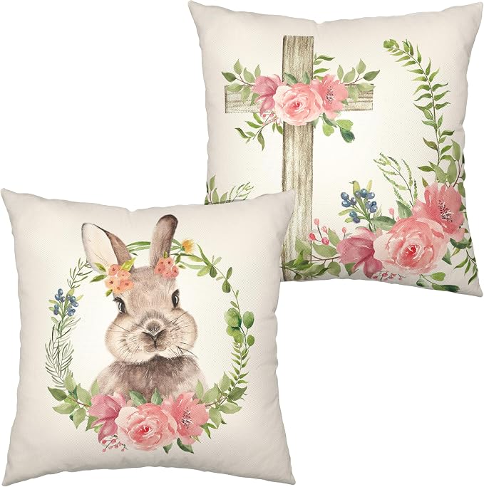 Spring Easter Pillow Covers Bunny Floral Wreath Easter Pillow Case 18x18 Pink Flowers Cross Throw Pillow Covers Set of 2 Cotton Linen Cushion Case for Living Room Couch Sofa