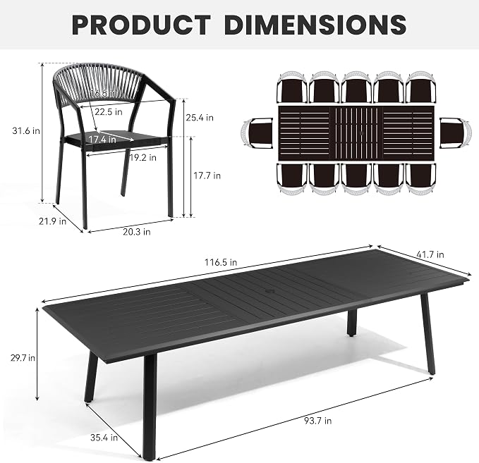 13-Piece Aluminum Outdoor Patio Dining Set with 12 Stackable Wicker Chairs | 116" Rectangular Outdoor Dining Table Weather Resistant Grey Barrel Chairs for Backyard, Deck, Poolside