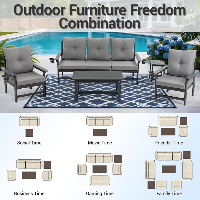 HDPE 7 Piece Patio Furniture Set, Outdoor Sectional Sofa with Coffee Table, Side Table and Seat Cusions, Patio Conversation Set for Party, Backyard, Porch, Deck, Poolside, Grey