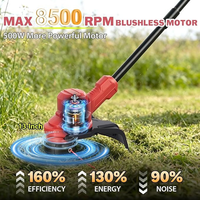 Weed Wacker, 21V Brushless Cordless String Trimmer, 2-in-1 Weed Eater & Lawn Edger, 8500RPM, 13" Cutting Width, Auto Feed Line, Batteries & Charger Included
