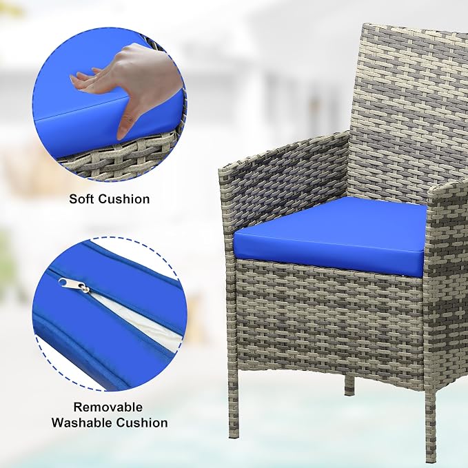 GAOMON 3 Pieces Patio Furniture Sets, Outdoor PE Rattan Porch Chairs with Soft Cushion and Glass Coffee Table, Outdoor Furniture Sets for Backyard Porch Poolside, Gray and Blue