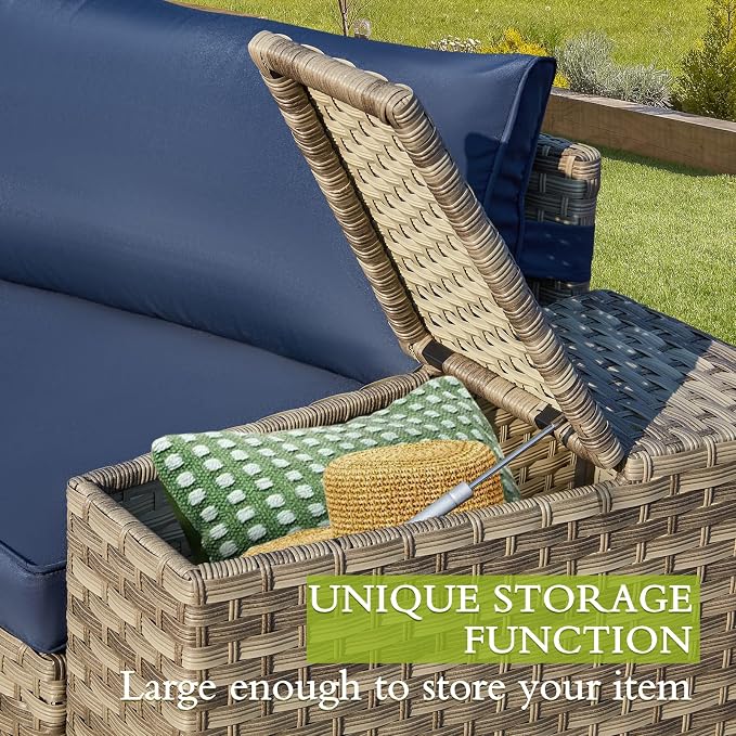 ECOTOUGE 7 Piece Outdoor Half Moon Furniture, Wicker Patio Sectional Conversation Set with 2 Storage Armrests and Circle Glass Table, Gray Rattan Curved Sofa for Garden, Balcony and Back Yard (Blue)
