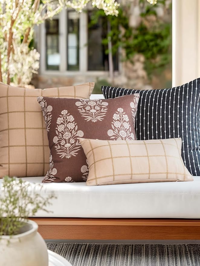 Modern Farmhouse Fall Linen Indoor Outdoor Throw Pillow Cover Only, 20"x20" Water Repellent for Patio, Backyard, Couch, Cocoa Brown Ivory Cream Floral