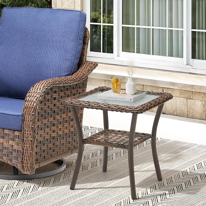 10 PCS Patio Furniture Set, 4 Swivel Rocking Chairs with 4 Ottomans & 2 Side Tables, 4-Inch Thick Olefin Cushions, 300 lbs Capacity Wicker Swivel Rocker Chairs for Porch, Fire Pit, Blue