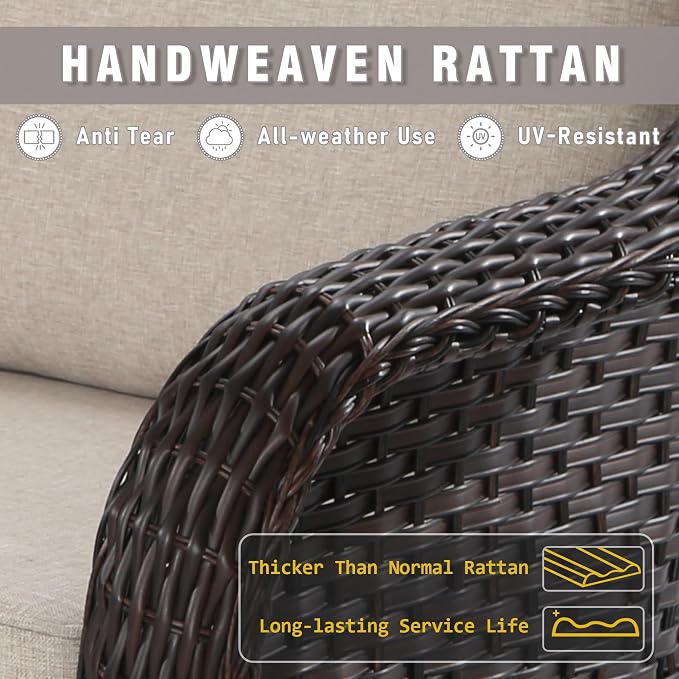 4 Piece Patio Wicker Conversation Set, 2 All-Weather Use Outdoor Wicker Chairs with 2 PE Rattan Ottomans,Ideal for Porch, Backyard, Balcony, Poolside, Beige
