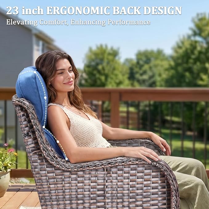 Luxury Swivel Rocker Chairs Fire Pit Set with 6" Thick Cushion 9 piece Wicker Outdoor Patio Chair with Sofa and Side Table,Comfortable High Back Outdoor Patio Furniture Set - Brown | Blue