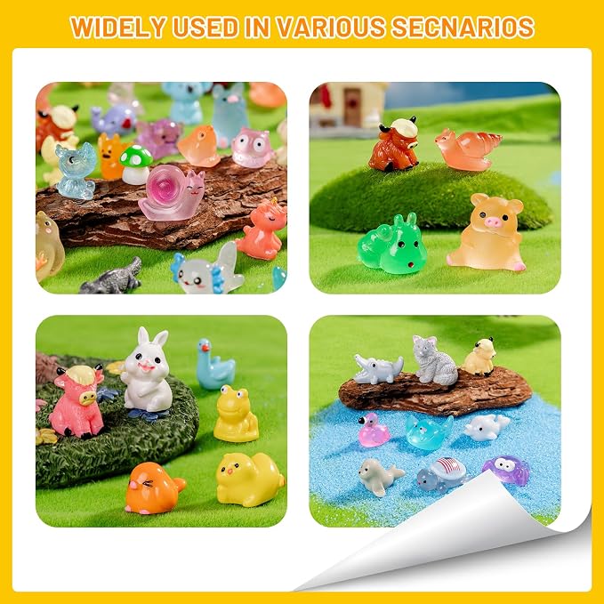300Pcs Mini Resin Animals Bulk 300 Styles Variety Tiny Animals Figure to Hide Luminous Glow in The Dark for Miniature Fairy Garden Decoration Hide Crafts Decor