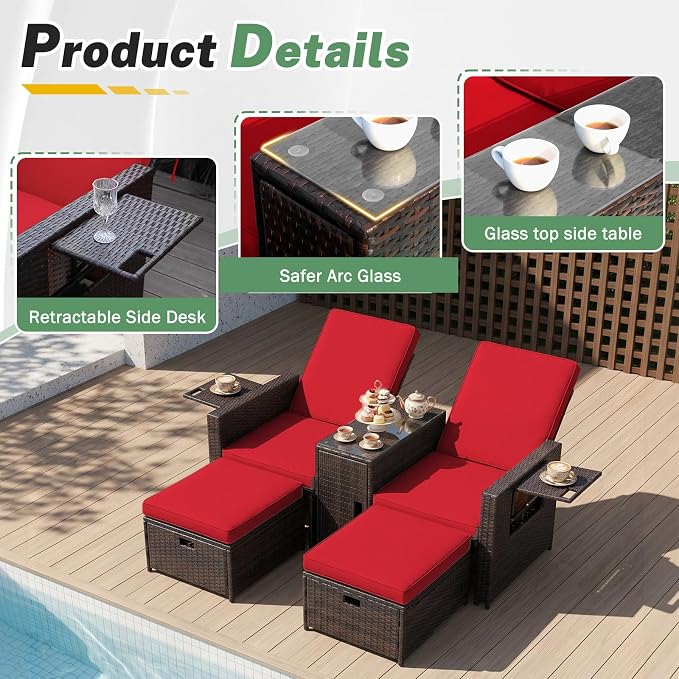 LVUYOYO 5 Piece Patio Furniture Set, Patio Wicker Conversation Set with Ottoman, Outdoor Chaise Lounge Chair with Side Table & Adjustable Backrest for Pool Backyard Garden (Brown Wicker Red Cushion)