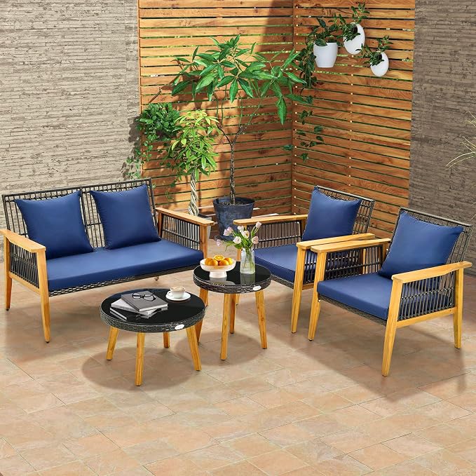 Tangkula 5 Piece Outdoor Conversation Set, Patiojoy Rattan Chair Set with 2 Coffee Tables, Stable Acacia Wood Frame, Cozy Seat & Back Cushions, Patio Wicker Furniture Set for Backyard, Poolside (Navy)