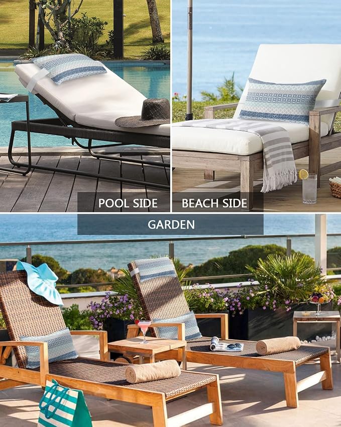 Outdoor Pillows Covers with Inserts Boho Geometric Floral Stripe Ethnic Blue Grey Waterproof Recliner Pillow with Adjustable Strap Throw Pillows for Patio Furniture Pool Lounge Chair, 11x16 inch, 2PCS