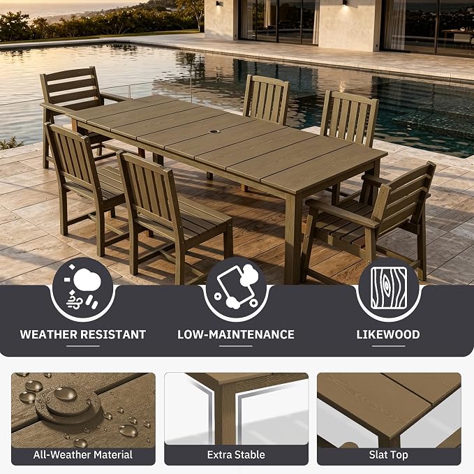 AreShark 9-Piece Outdoor Dining Set,HDPE Patio Table with 8 Chairs,All-Weather Patio Furniture Set with Umbrella Hole,Low Maintenance Wood Grain Dining Set for Backyard,Garden,Poolside,Brown