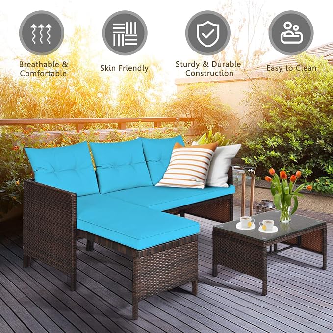 RELAX4LIFE 3-Piece Patio Furniture Set, Outdoor Wicker Sectional Sofa Set w/Washable Cushion, Tempered Glass Coffee Table, Rattan Conversation Set Outdoor Couch for Garden Backyard Deck (Turquoise)