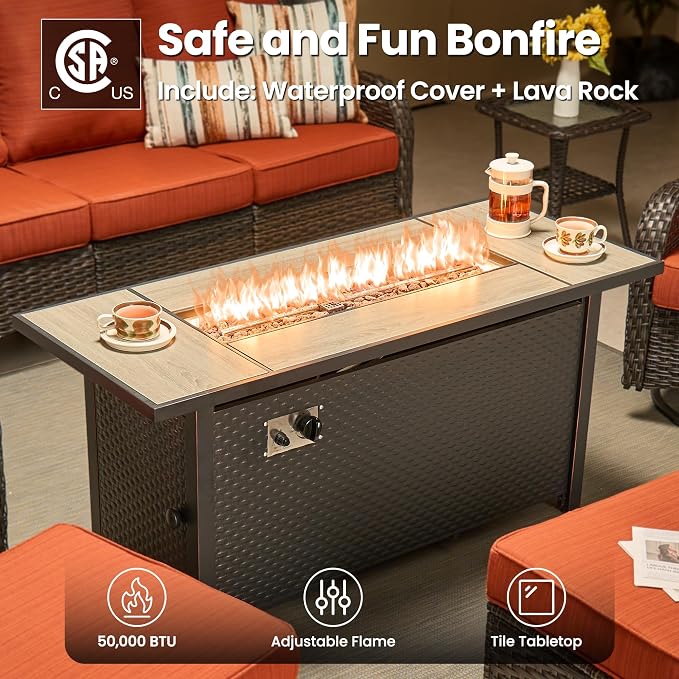 ovios 7-Piece Patio Furniture Set with Swivel Chairs Side Table, Outdoor Wicker Sofa with 54" Fire Pit Table, High Back Couch Modern Conversation Sets, Brown/Orange Red