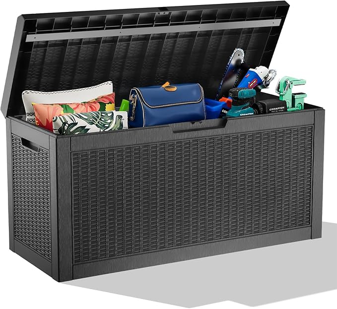 60 Gallon Waterproof Resin Deck Box, UV Resistant Outdoor Storage for Garden, Patio, Porch, Delivery（Black，60 Gallon）