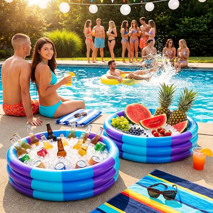 VioraWhite 4 Pack Inflatable Kiddie Pool for Toddlers 34"x10" Blue Stripe Blow up Kids Swimming Pool Small 3 Rings Round Baby Pools for Indoor Outdoor Water Game Play Center