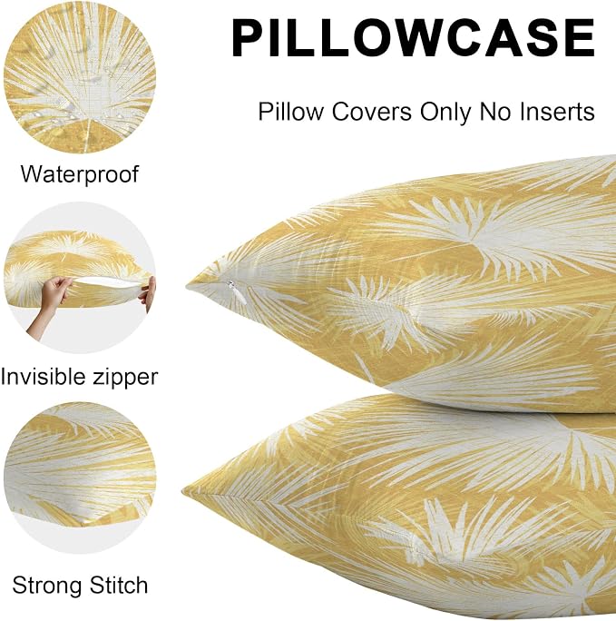 Throw Pillow Covers 26x26 Inch Set of 2, Yellow Palm Leaves Coastal Waterproof Outdoor Pillow Covers, Summer Tropical Botanical Boho Decorative Cushion Pillowcases for Couch, Sofa, Bed, Garden, Patio