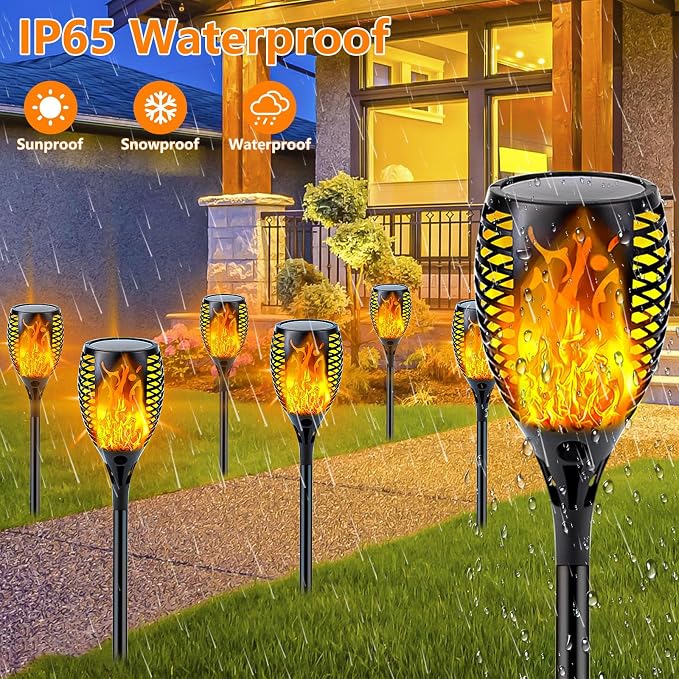 Solar Torch Lights with Flickering Flame Larger Size Solar Flame Lights | 6 Pack Upgraded Solar Lights Outdoor for Halloween Decor, Waterproof Solar Tiki Torches Outdoor for Garden Yard Pathway Patio