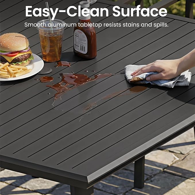 9-Piece Square Outdoor Aluminum Dining Set with Armless Stackable Chairs | 57" Large Square Table with Umbrella Hole Rust Proof Patio Furniture for Backyard Lawn Garden, Black