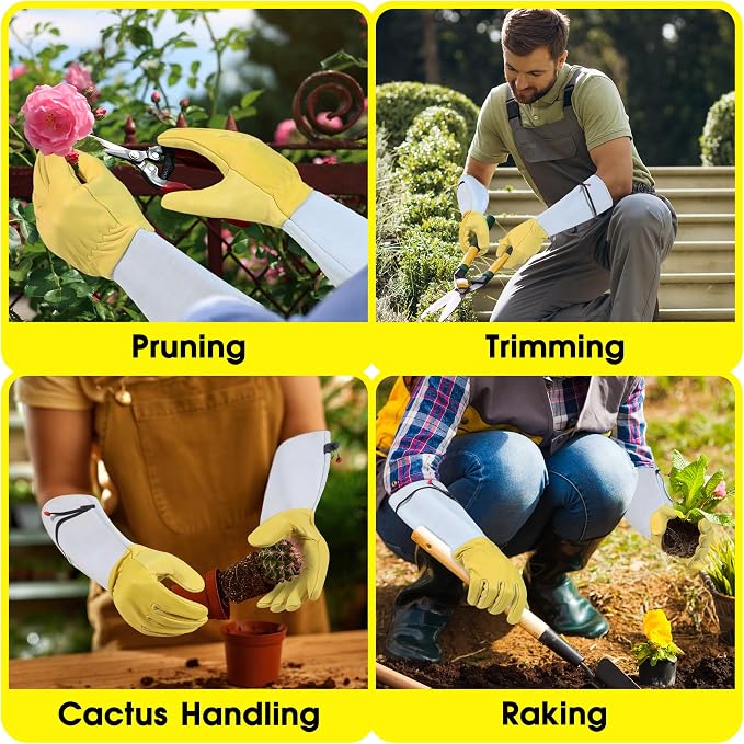 HANDLANDY Rose Pruning Gardening Gloves for Men Women, Thorn Proof Forearm Protection Leather Garden Gloves, Gardening Gifts for Gardeners (Golden Yellow, X-Large)
