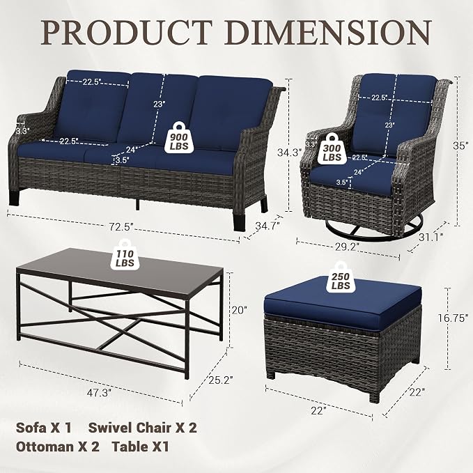 6 Pieces Patio Furniture Set, Outdoor Furniture Set with 2 Patio Swivel Rocking Chairs, 2 Ottoman, 1 Outdoor Wicker Sofa, 1 Metal Table, Ideal for Backyard, Garden, Poolside, Blue