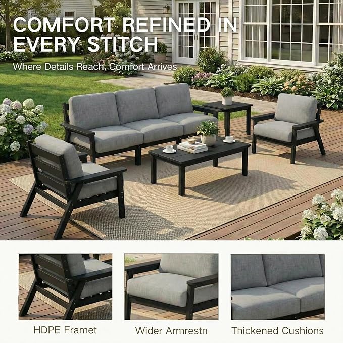 Kingdura HDPE Patio Furniture Set, 3 Piece Outdoor Sectional Sofa with Coffee Table, All Weather Outdoor Couch Conversation Set with Washable Cushions for Backyard Poolside Balcony