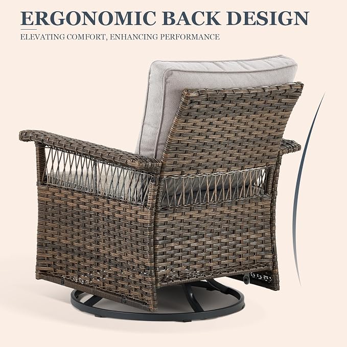 Patio Furniture Set 2 Wicker Swivel Glider Chairs with PE Rattan Side Table Set Brown Wicker Beige Cushions Patio Conversation Set 3pcs for Garden Balcony Sunroom Backyard Poolside