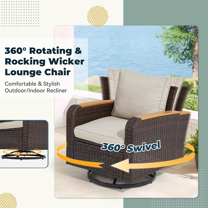 7 Pieces Outdoor Furniture Set with Swivel Chairs, Wicker Patio Furniture for Porch Deck Bistro Lawn Garden Backyard Poolside-Khaki