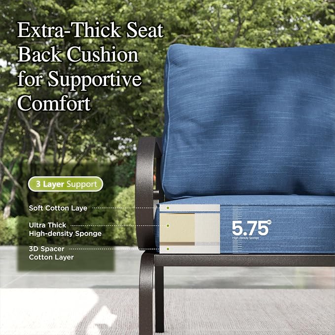 Sophia & William Patio Conversation Set for 7, 3-Seater Sofa, 2 Fixed Chairs, 2 Rocking Chairs and a 45" Fire Pit Table, Metal Outdoor Furniture with 5.75" Extra Thick Cushions, Navy