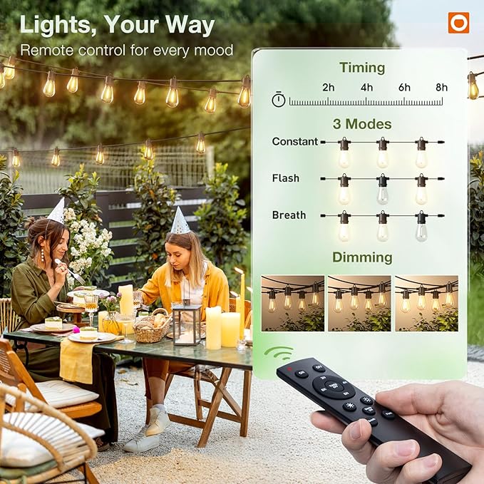 addlon 200FT Outdoor String Lights LED with Remote Dimmable Waterproof | Timer & 3 Lighting Modes, Shatterproof Edison Bulbs, Connectable Hanging Strand for Patio Outside Backyard Porch Party Décor