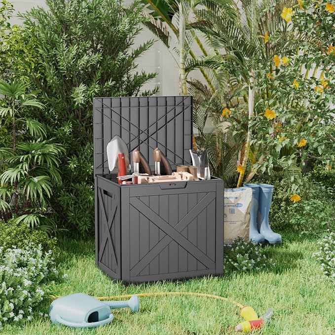 32 Gallon Outdoor Storage Box - Weather-Resistant Resin Deck Box with UV Protected, Waterproof for Package Delivery, Patio Cushions, Gardening Tools (Black, 32 Gallon)
