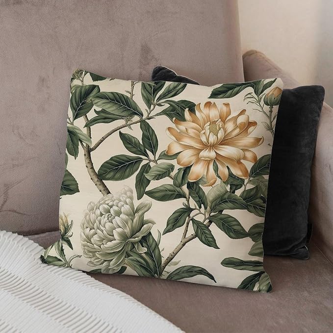 Green and White Chinoiserie Floral Pillow Cover Golden Lotus Flower Throw Pillow Cover Retro Throw Pillow Covers Farmhouse Decorative for Patio Tent Couch 22x22 in