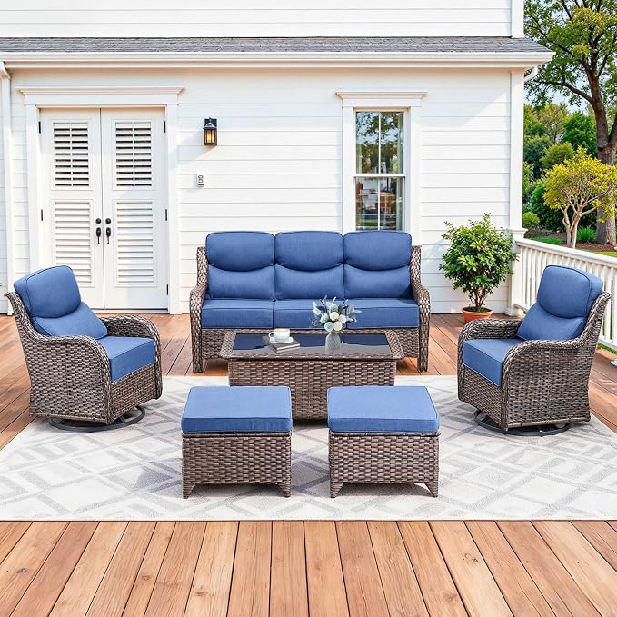 Luxury High Back Patio Furniture Set with 6-Inch Thick Cushions, 6-Pieces Outdoor Furniture with Swivel Chairs, Wicker Conversation Set for Porch, Balcony, Deck and Yard, Brown/Blue