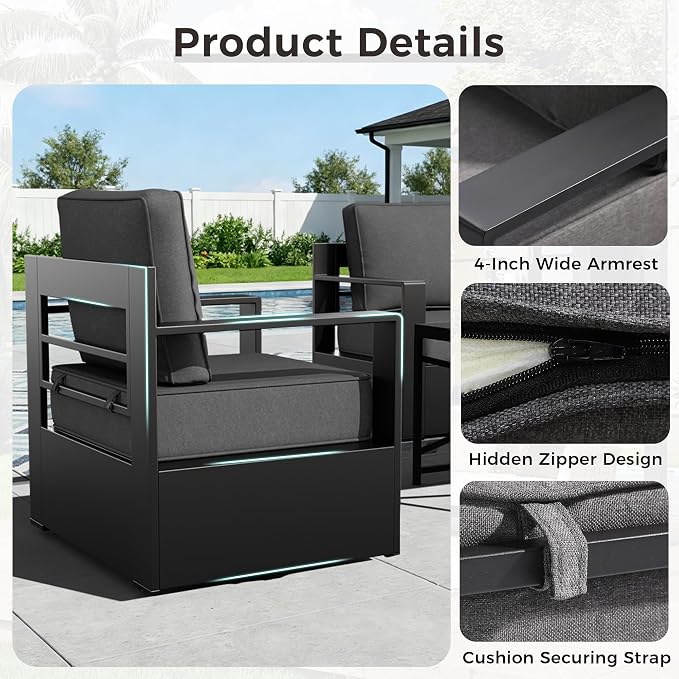 Outdoor Patio Furniture Set, 5-Piece Aluminum Patio Conversation Set All-Weather Metal Outdoor Sectional with 6 Inch Thick Cushions, Deep Setting for Garden, Outside and Porch, Grey
