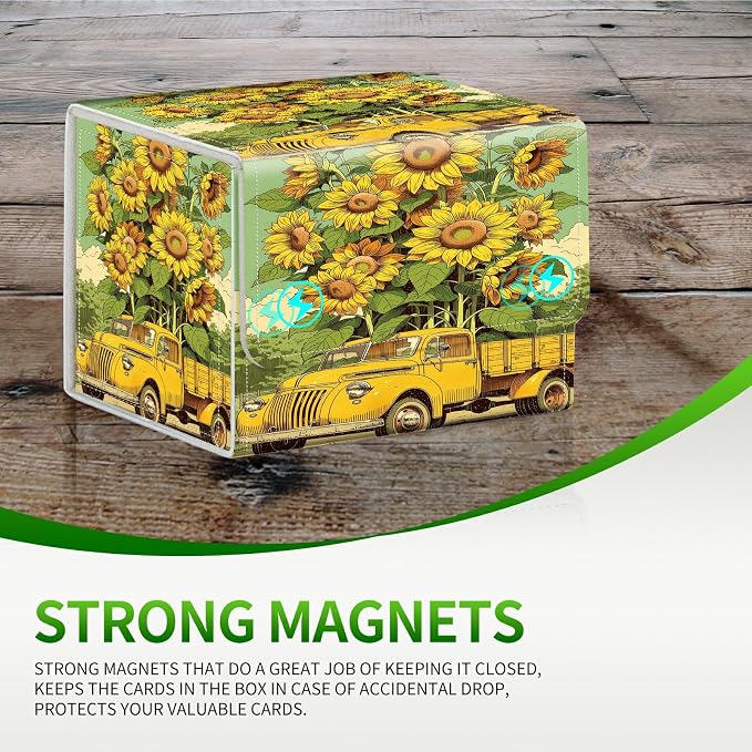 Card Deck Box for MTG, Cards Storage Box Fits 120+ Sleeved, Leather Small Size Strong Magnetic Closing Card Case for Board Games Magic TCG CCG Baseball Collection, Sunflower Truck