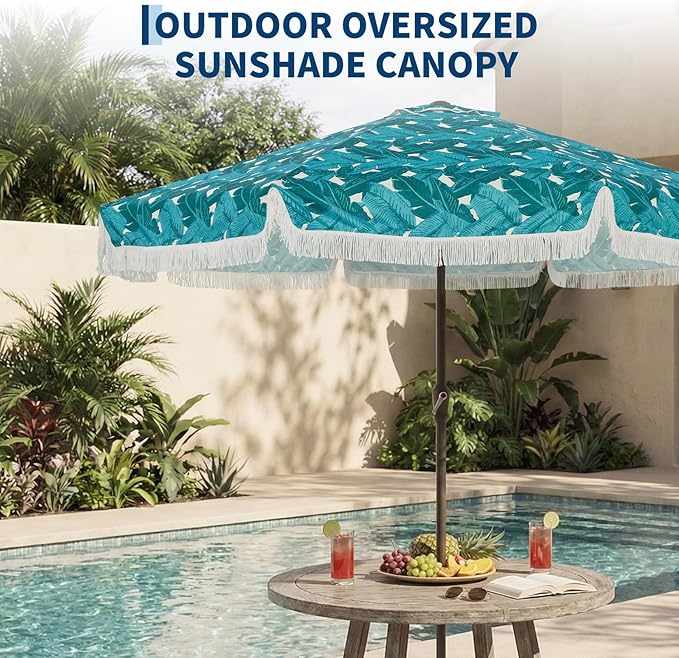Garvee 9FT Fringe Patio Umbrella with Crank Handle, Push Button Tilt for Sun Shade, 8 Fiberglass Ribs, 1.5" D Premium Steel Pole, Outdoor Large Tassel Umbrella for Patio Beach Pool Backyard,9' Leaf