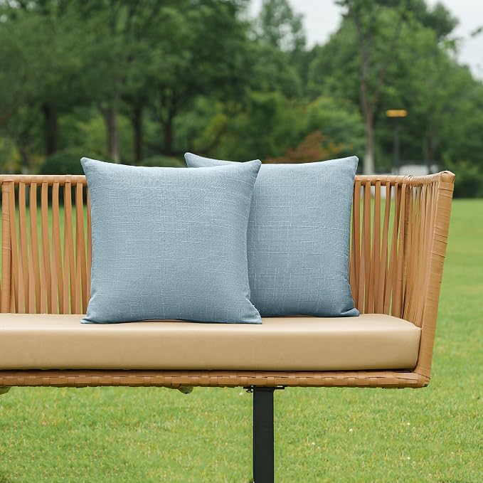 NiNi ALL Waterproof Outdoor Pillow Covers 20x20 Set of 2 Patio Light Blue | Faux Linen Textured Decorative Solid Throw Pillow Covers Farmhouse for Garden Furniture Tent Balcony Couch Sofa Cushion