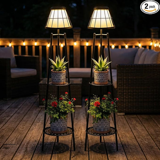 2 Pack Solar Floor Lamps Outdoor with 2-Tier Plant Stand, Metal Tall Planter Holder with Waterproof LED Lantern, Decorative Patio Light & Flower Pot Display Rack for Garden, Deck, Porch, Balcony