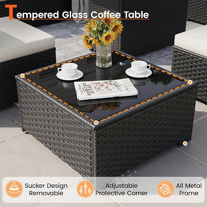 8 Piece Patio Furniture Set with 43" Fire Pit Table, Outdoor Sectional Wicker Rattan Sofa Set with Coffee Table (White/Black)