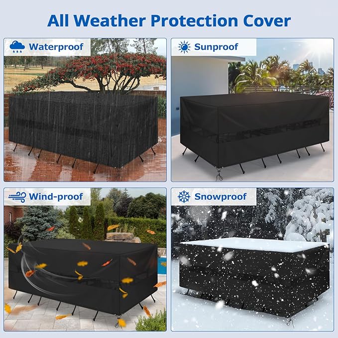 SunPatio Patio Furniture Covers Waterproof, Rectangular Table and Chairs Set Cover, Outdoor Furniture Set Cover with Drawstrings and Taped Seams, All Weather Protection, 110"W x 80"D x 30"H, Black